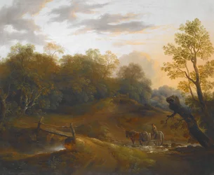 Charrette de poney traversant un ruisseau boisé